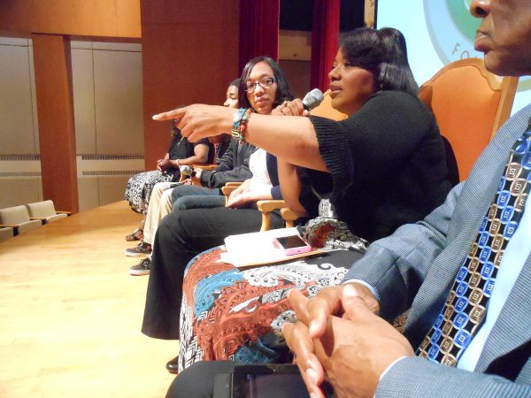 Dr. Bernice King, CEO of the King Center and daughter of Dr. Martin Luther King, Jr., makes a point to an audience of elementary and middle school students during a conversation at the King Center on April 4, 2014