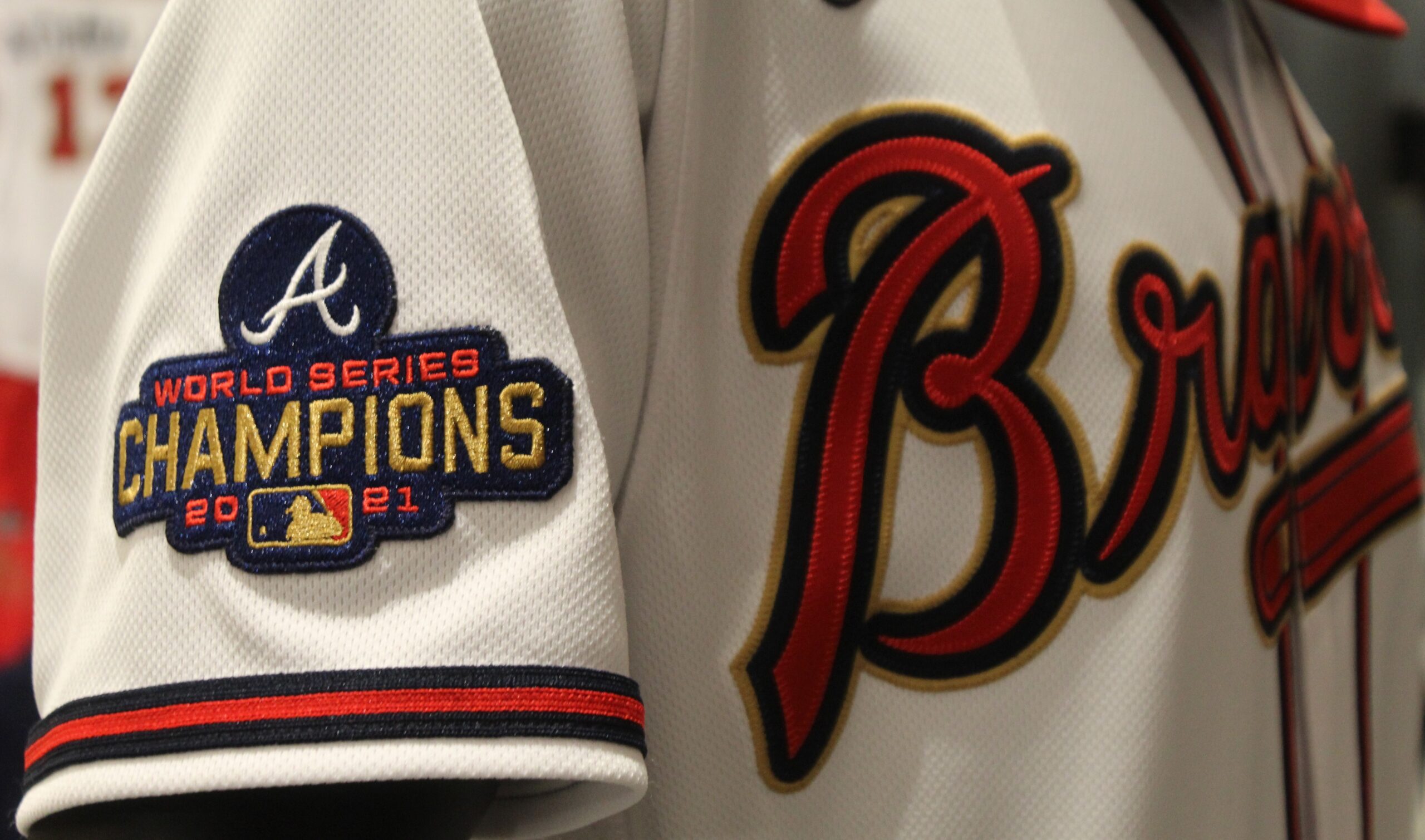 April 09, 2022: The Atlanta Braves logo outlined in gold on the jersey in  dedication to the 2021 World Series Championship during a MLB game against  the Cincinnati Reds at Truist Park