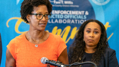 Bianca Motley Broom, the mayor of College Park, speaks to the press during the the Second Annual Full Force Fulton Law enforcement and Elected Officials Collaboration Summit at Atlanta Metropolitan Sate College in Atlanta, Ga on June 15, 2022