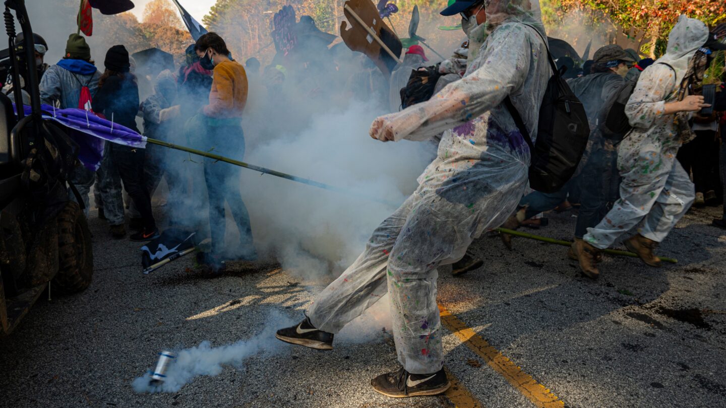 Teargas in crowd of protesters