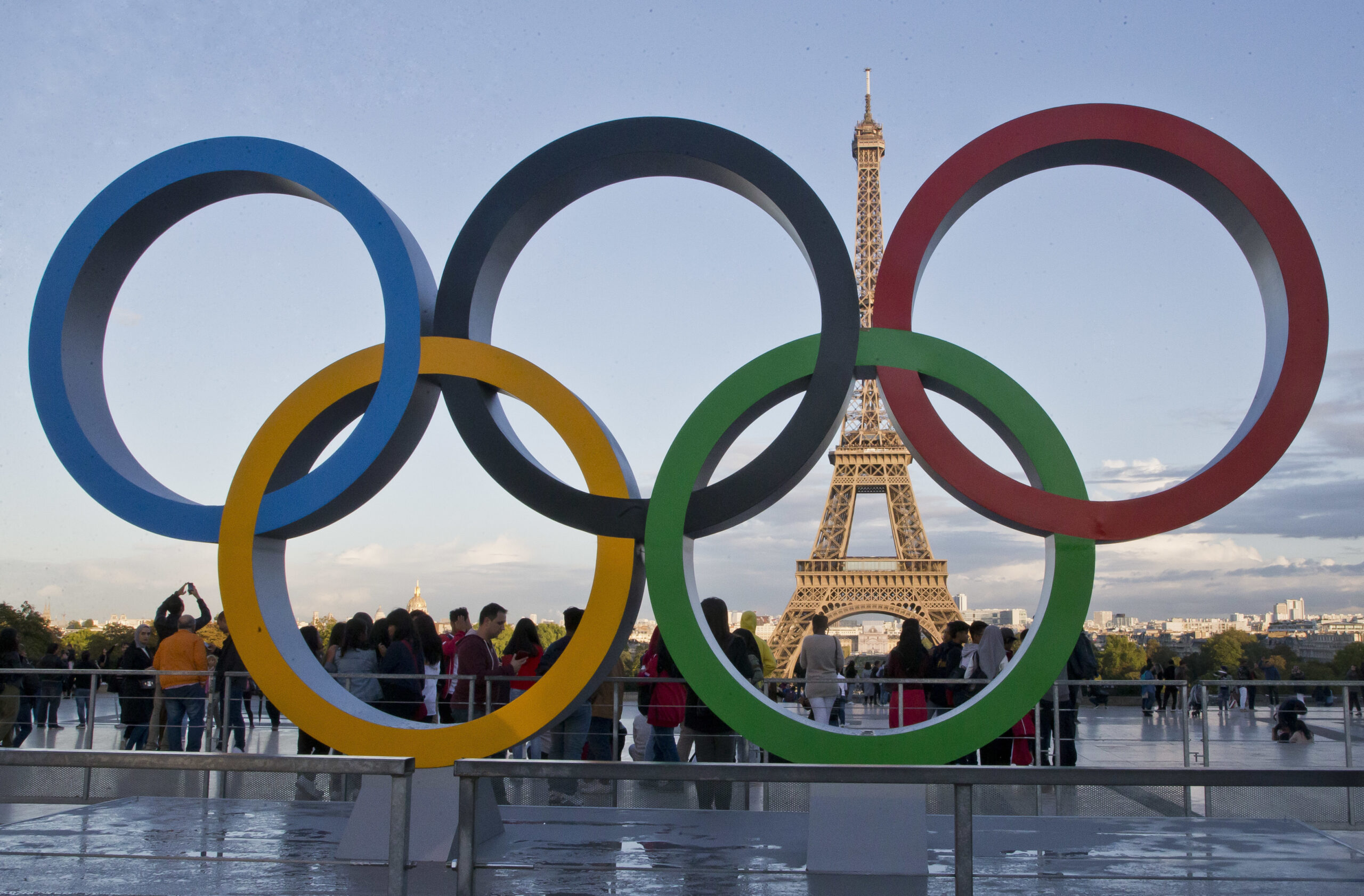 Olympic rings are set up at Trocadero plaza that overlooks the Eiffel Tower, a day after the official announcement that the 2024 Summer Olympic Games will be in the French capital, in Paris, France.