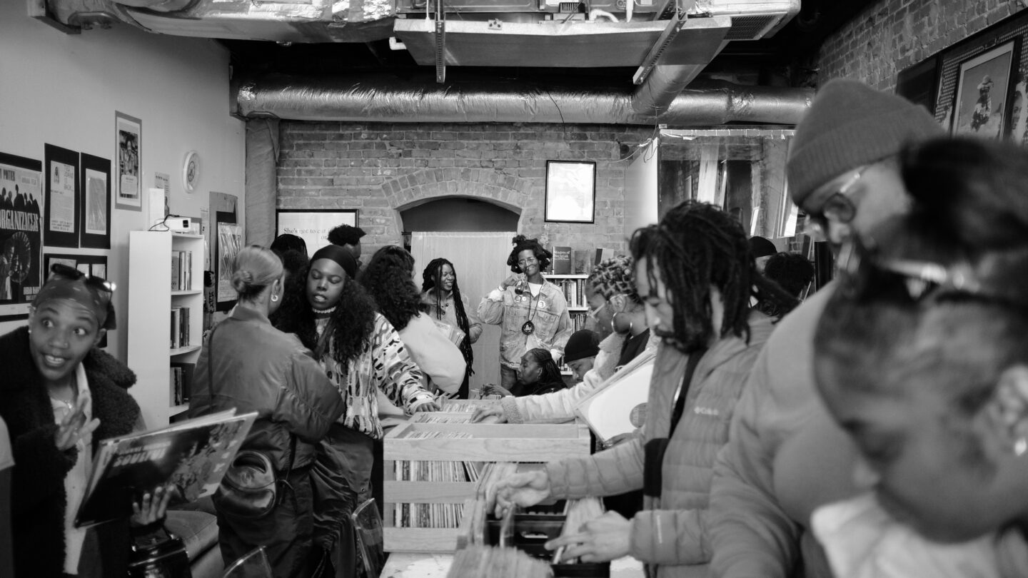 Crowd in store browsing records