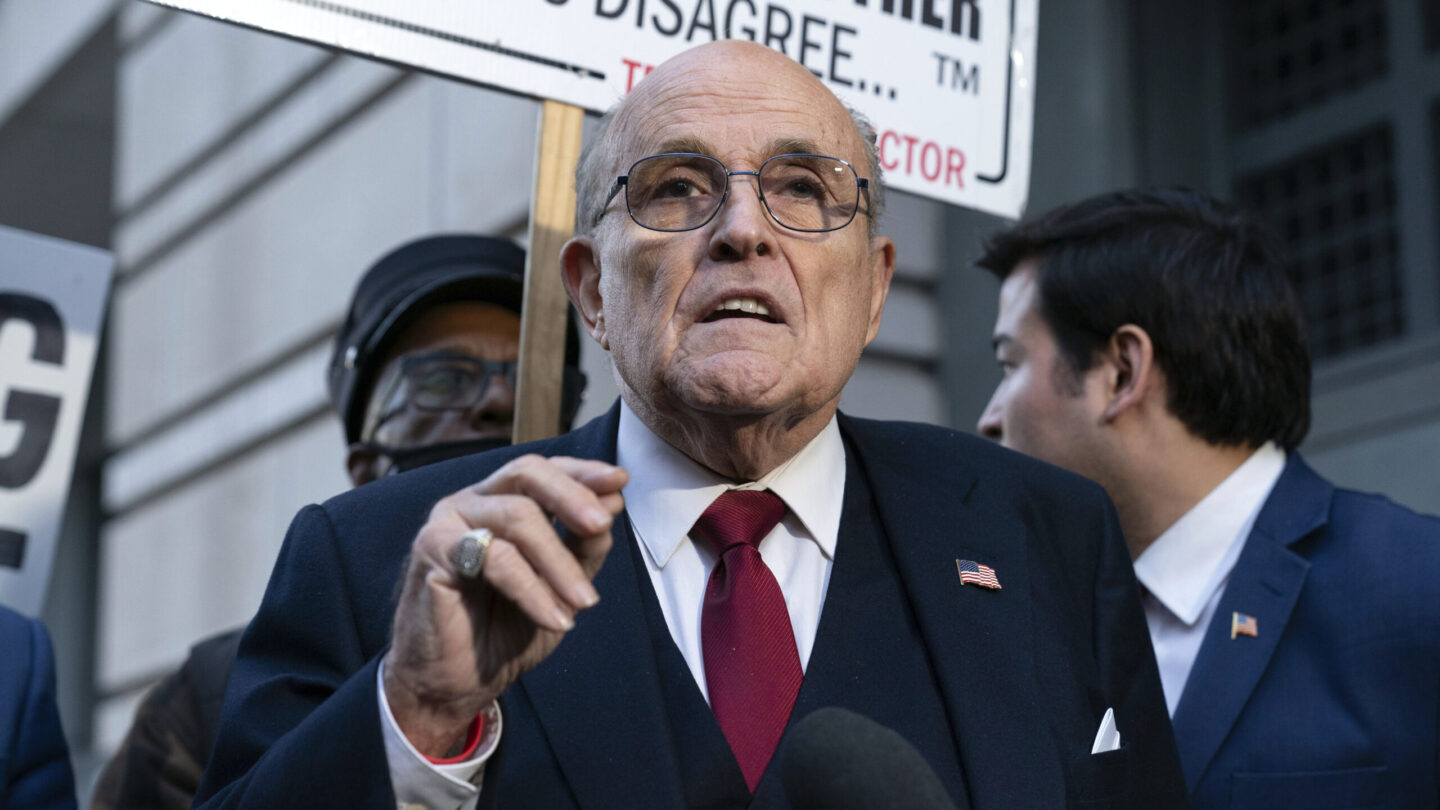 Former Mayor of New York Rudy Giuliani speaks during a news conference outside the federal courthouse in Washington, Dec. 15, 2023.