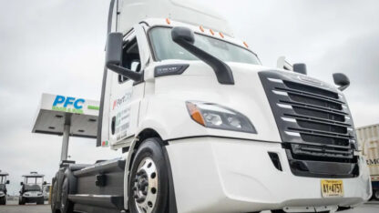 The Freightliner eCascadia electric tractor-trailer truck was in Port Wentworth, Georgia to show off its suitability for drayage.