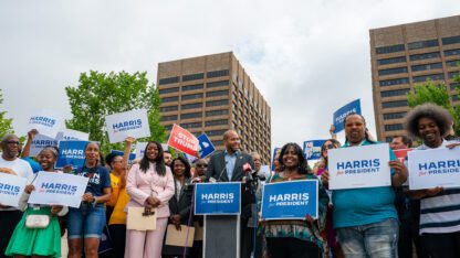 A group of Democratic elected leaders, activists, and organizers rally for Kamala Harris for President in Liberty Plaza across the street from the Georgia State Capitol.