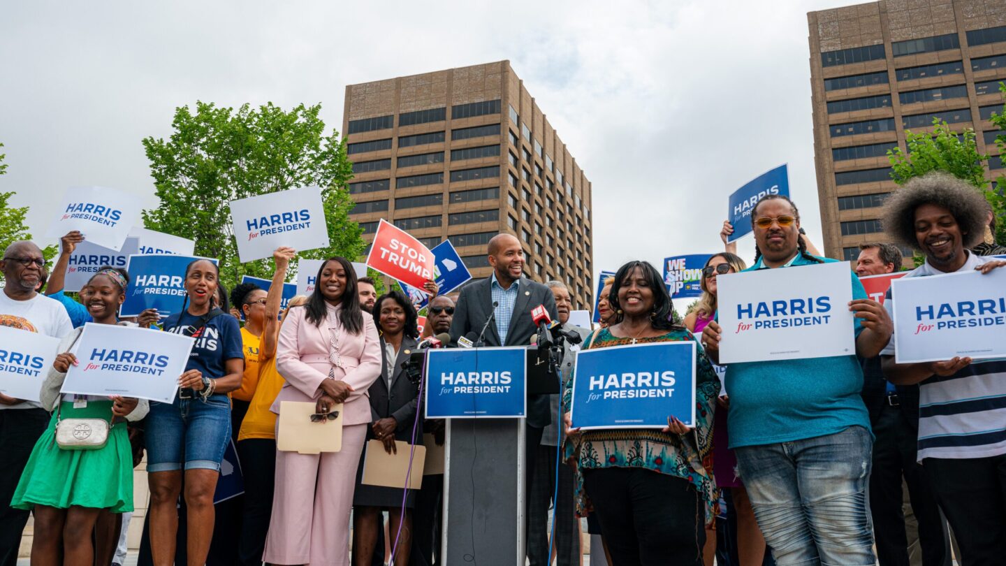 A group of Democratic elected leaders, activists, and organizers rally for Kamala Harris for President in Liberty Plaza across the street from the Georgia State Capitol.