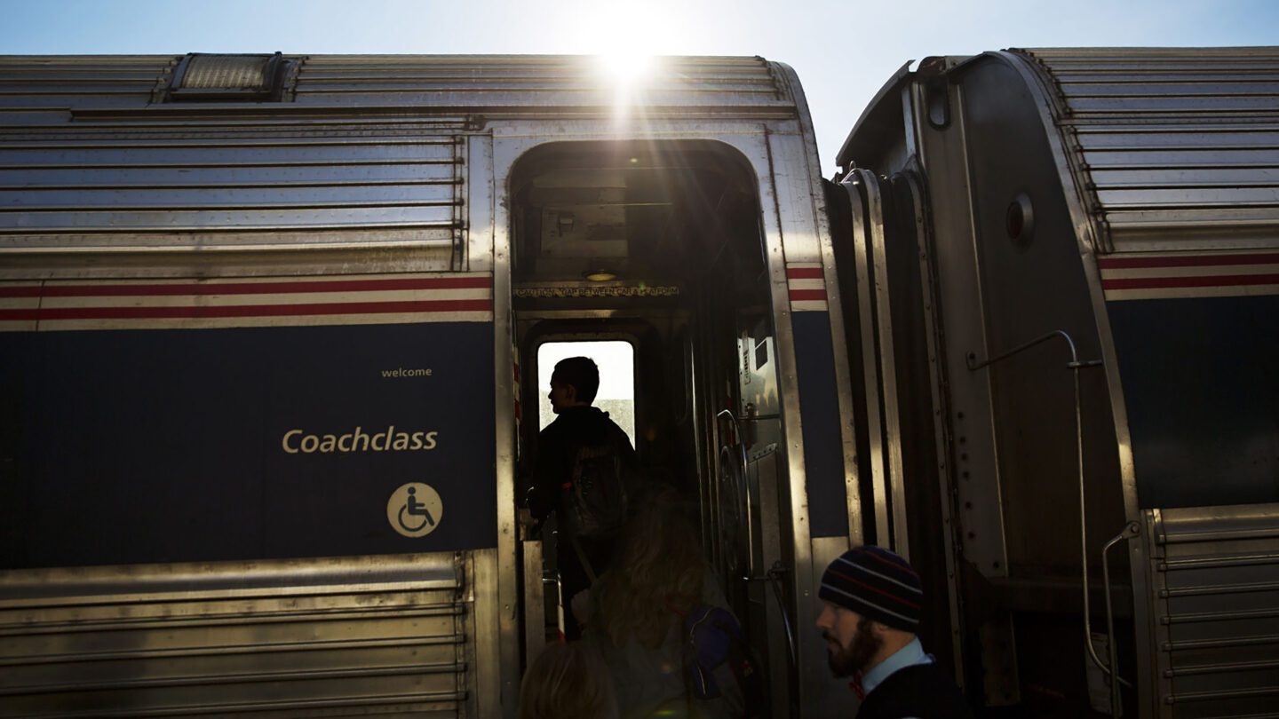 Passengers board an Amtrak train heading to New Orleans from Atlanta.