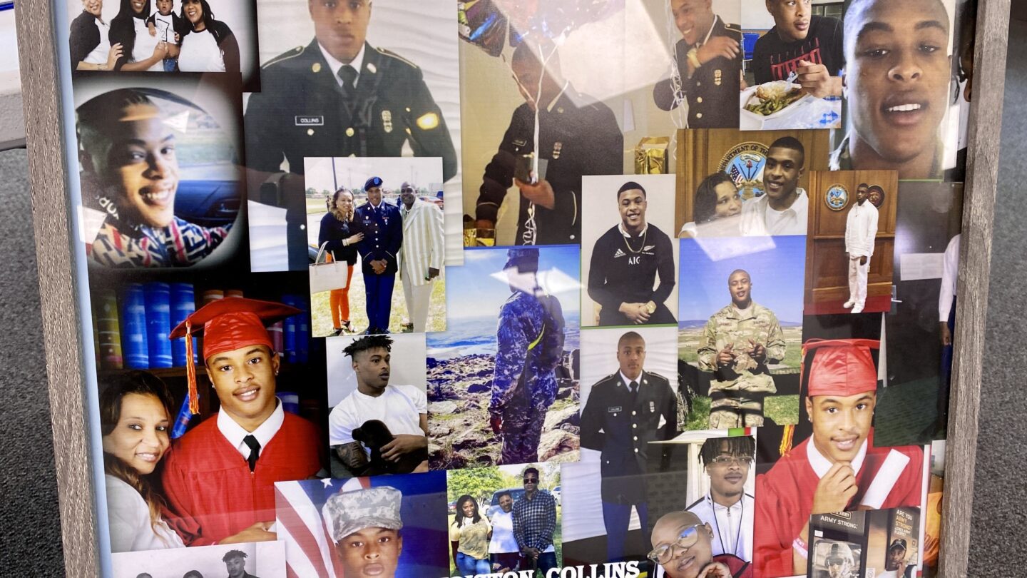 A bulletin board displays numerous photos of U.S. Army veteran Christon Collins, including pictures of him in his uniform and in graduation robes.