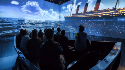 Exhibit visitors watch a large LED display that takes up two walls show the Titanic at sea.