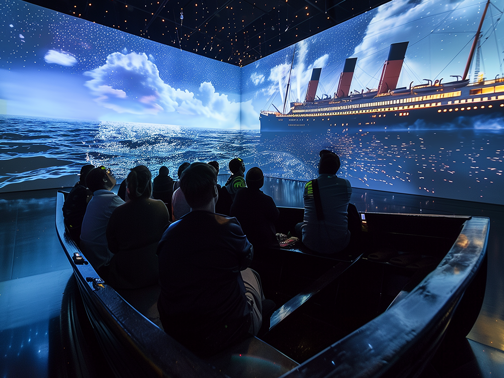 Exhibit visitors watch a large LED display that takes up two walls show the Titanic at sea.