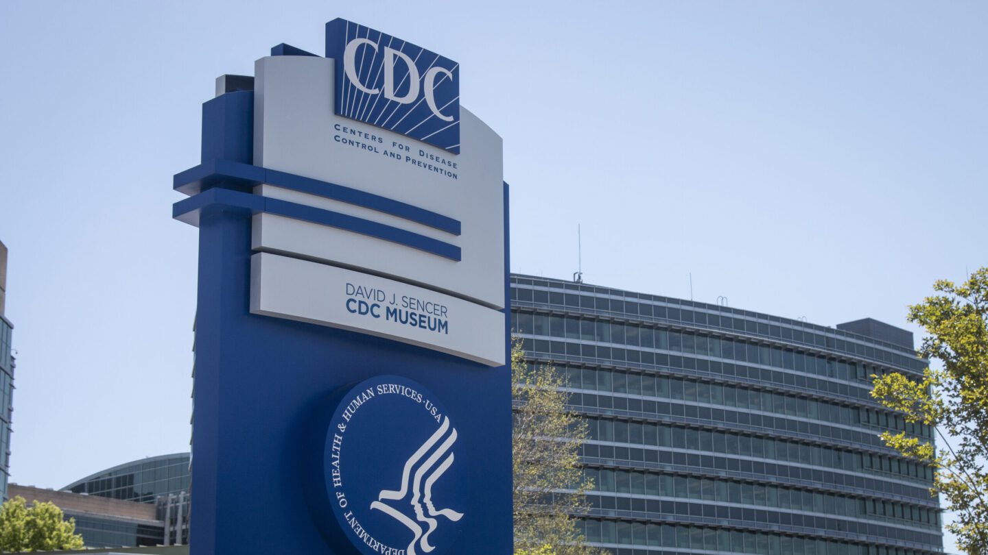 The CDC sign in blue and white.