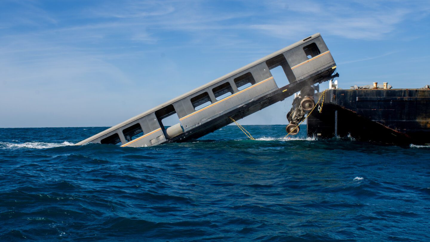 Concrete materials and retired MARTA railcars are placed at Artificial Reef L about 23 nautical miles east of Ossabaw Island.