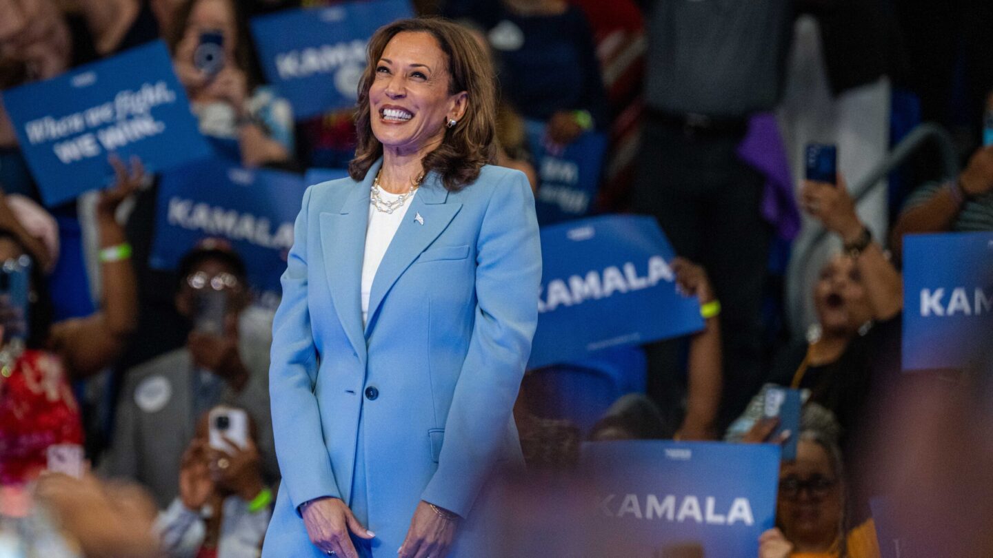 Vice President Kamala Harris, the Democratic presidential nominee, smiles as she greets the crowd at a campaign event in downtown Atlanta.