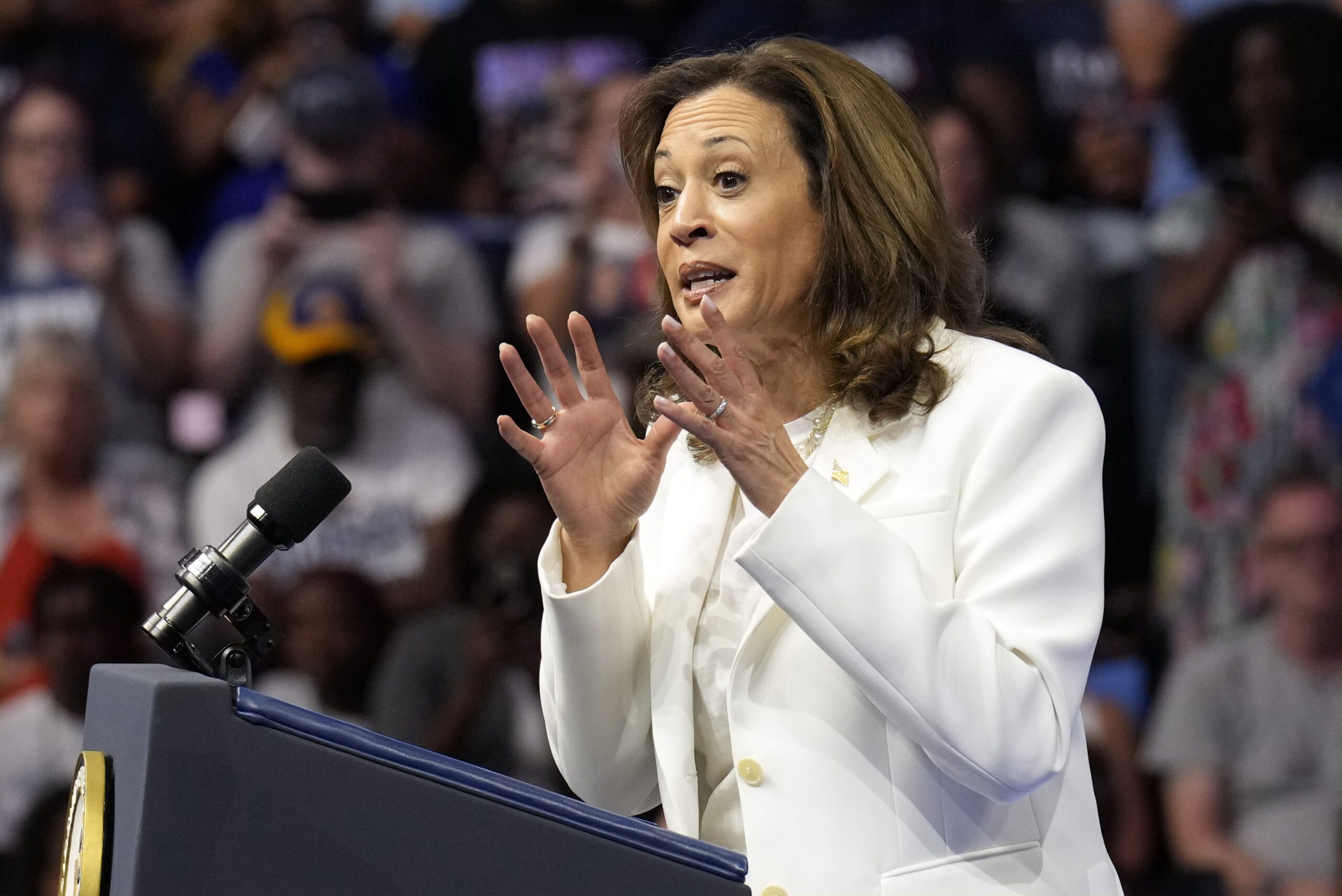 Kamala Harris speaks at a podium at a rally in Savannah.