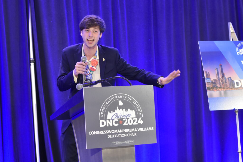 Parker Short speaks to the Georgia delegation at the Democratic National Convention.