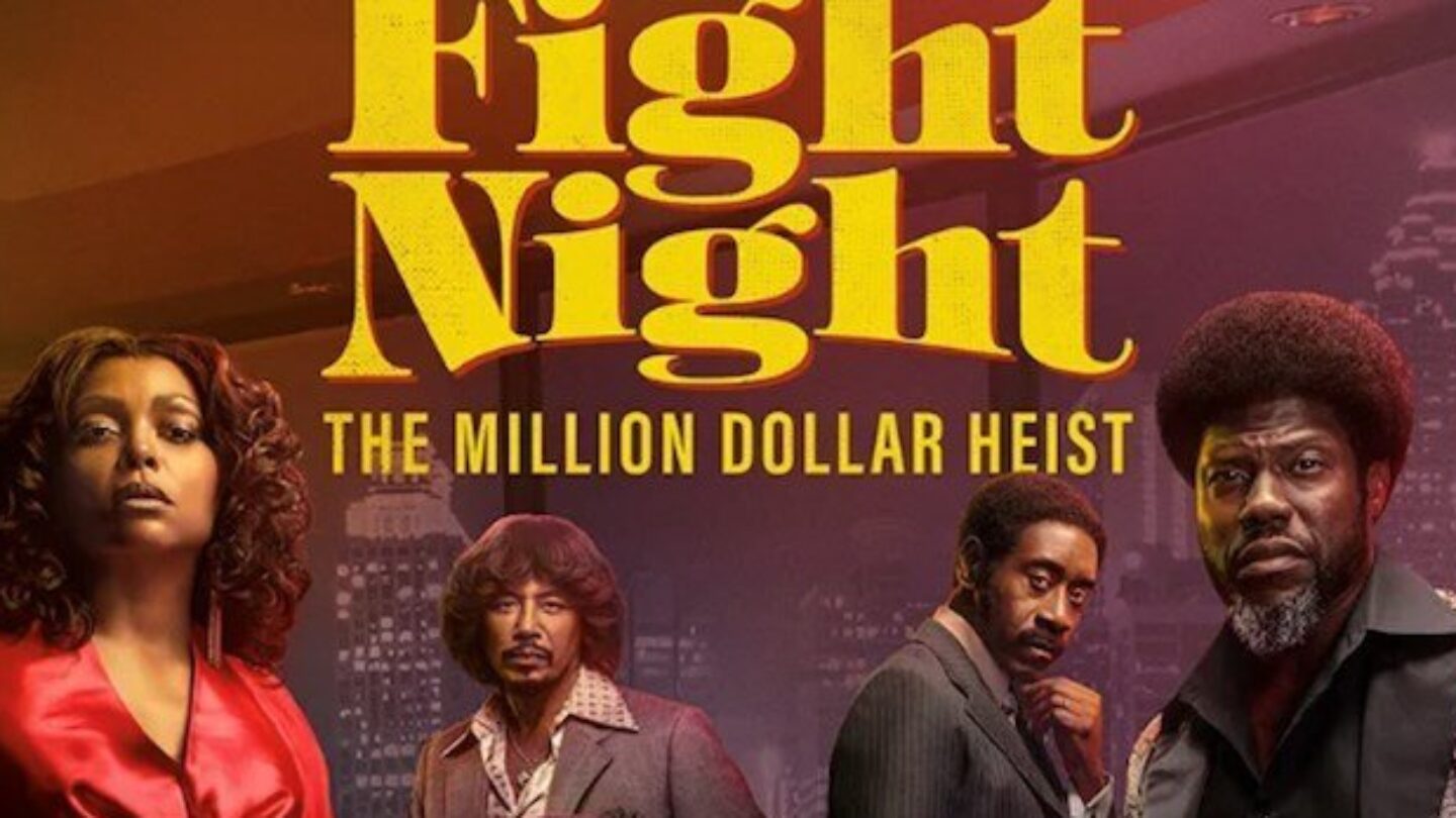 A poster for Fight Night. The background is magenta and orange, and the lettering is bold and yellow. Several actors are in the poster.