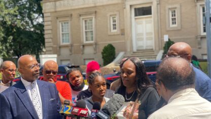 Tabatha Colzie, the mother of a 29-year-old woman who was shot in the head at a block party in Mechanicsville, speaks at a press conference outside Grady Memorial Hospital.