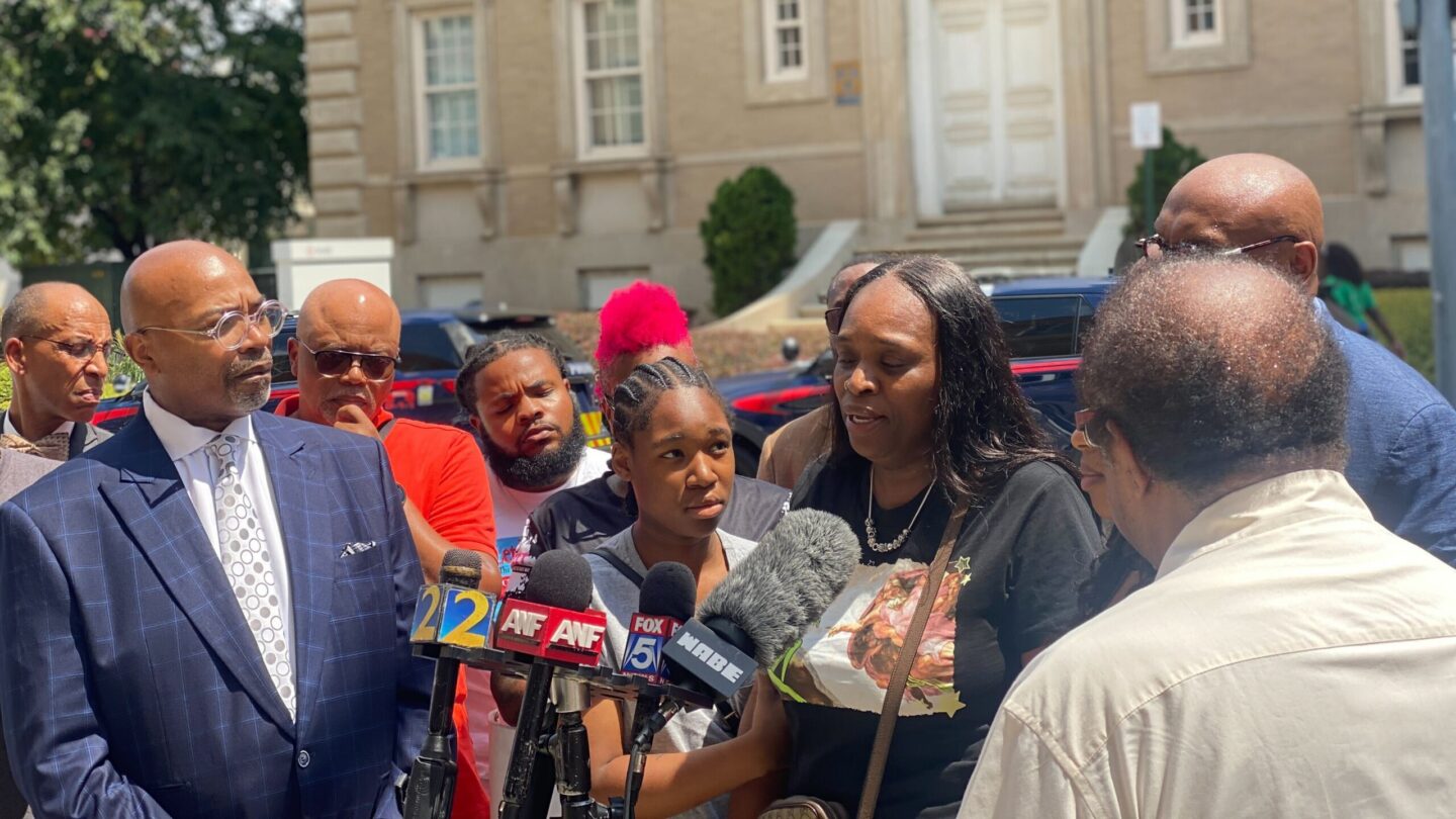 Tabatha Colzie, the mother of a 29-year-old woman who was shot in the head at a block party in Mechanicsville, speaks at a press conference outside Grady Memorial Hospital.