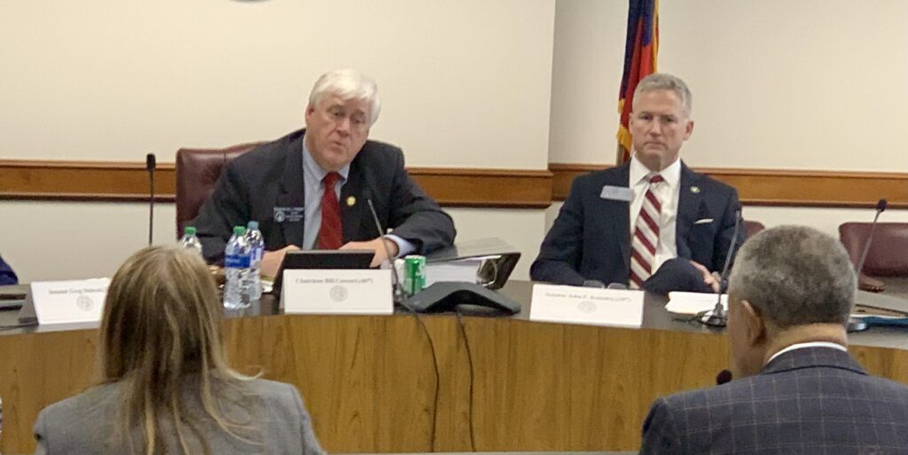 Bill Cowsert sits on the left at a long desk, facing several Fulton County officials during a Georgia Senate hearing.