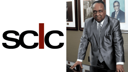 A design showing the SCLC logo on the left and its president, Dr. Charles Steele Jr., on the right.