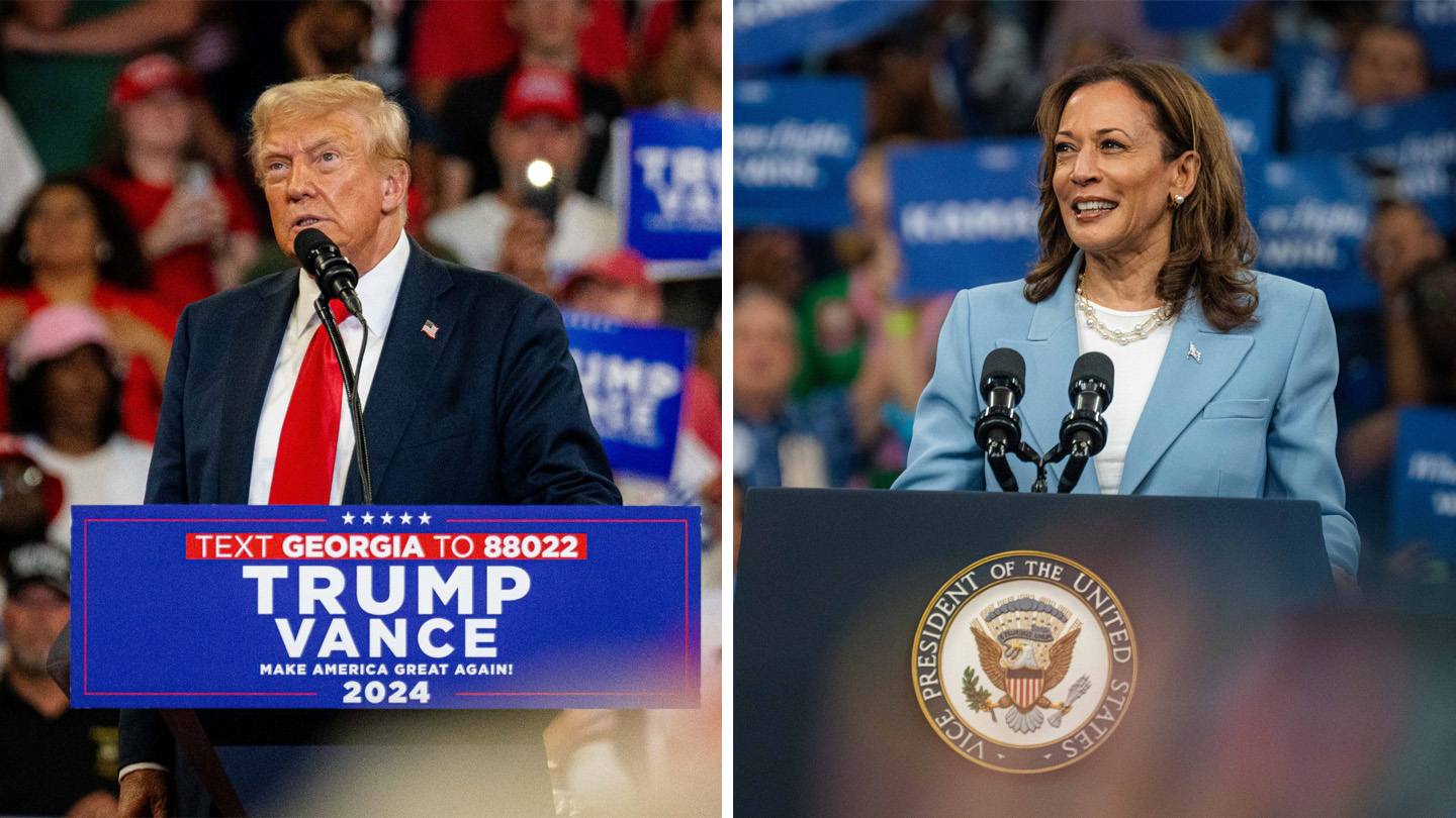 A split image of Donald Trump and Kamala Harris at their respective rallies in Atlanta.