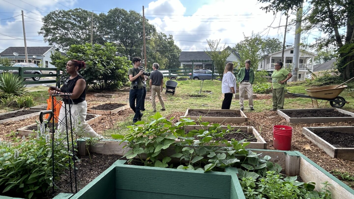 A few people are hanging out in a community garden. There are green garden boxes in the foreground and an emptier green area in the middle of the photo with people standing. There are a few trees on the sides of the photo.