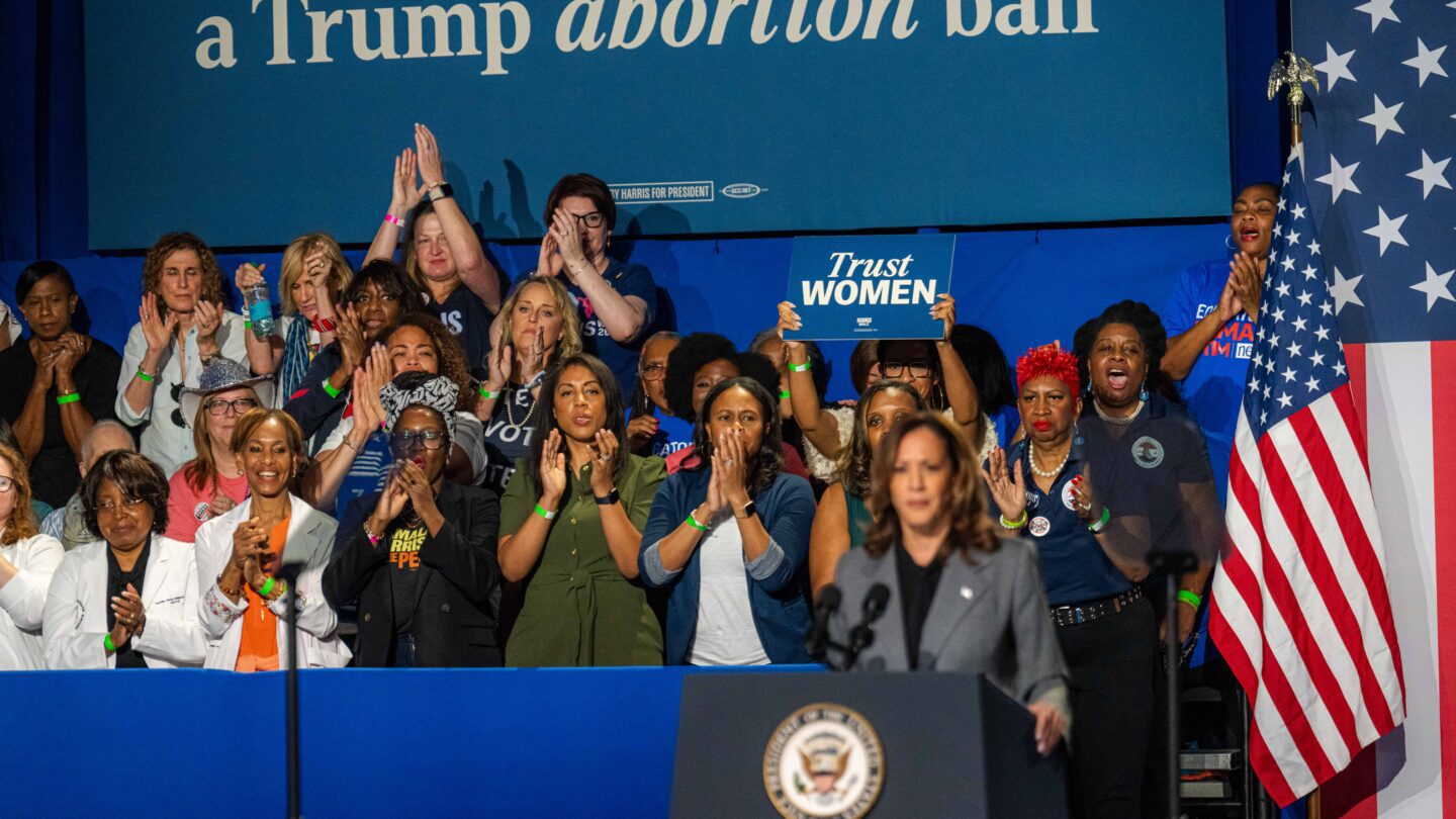 Kamala Harris stands in front of an applauding crowd at a rally.