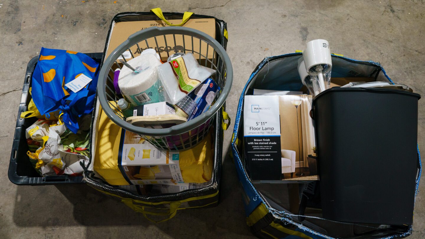 A few baskets of household supplies.