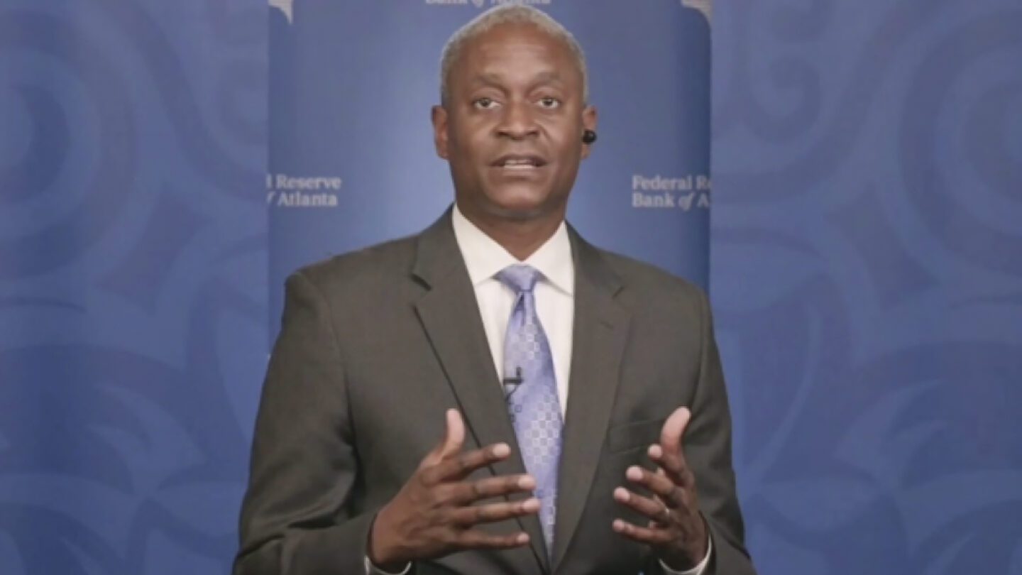 Atlanta Federal Reserve Bank President Raphael Bostic speaks from Atlanta during a webinar.