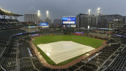 A tarp covers the Truist Park baseball field