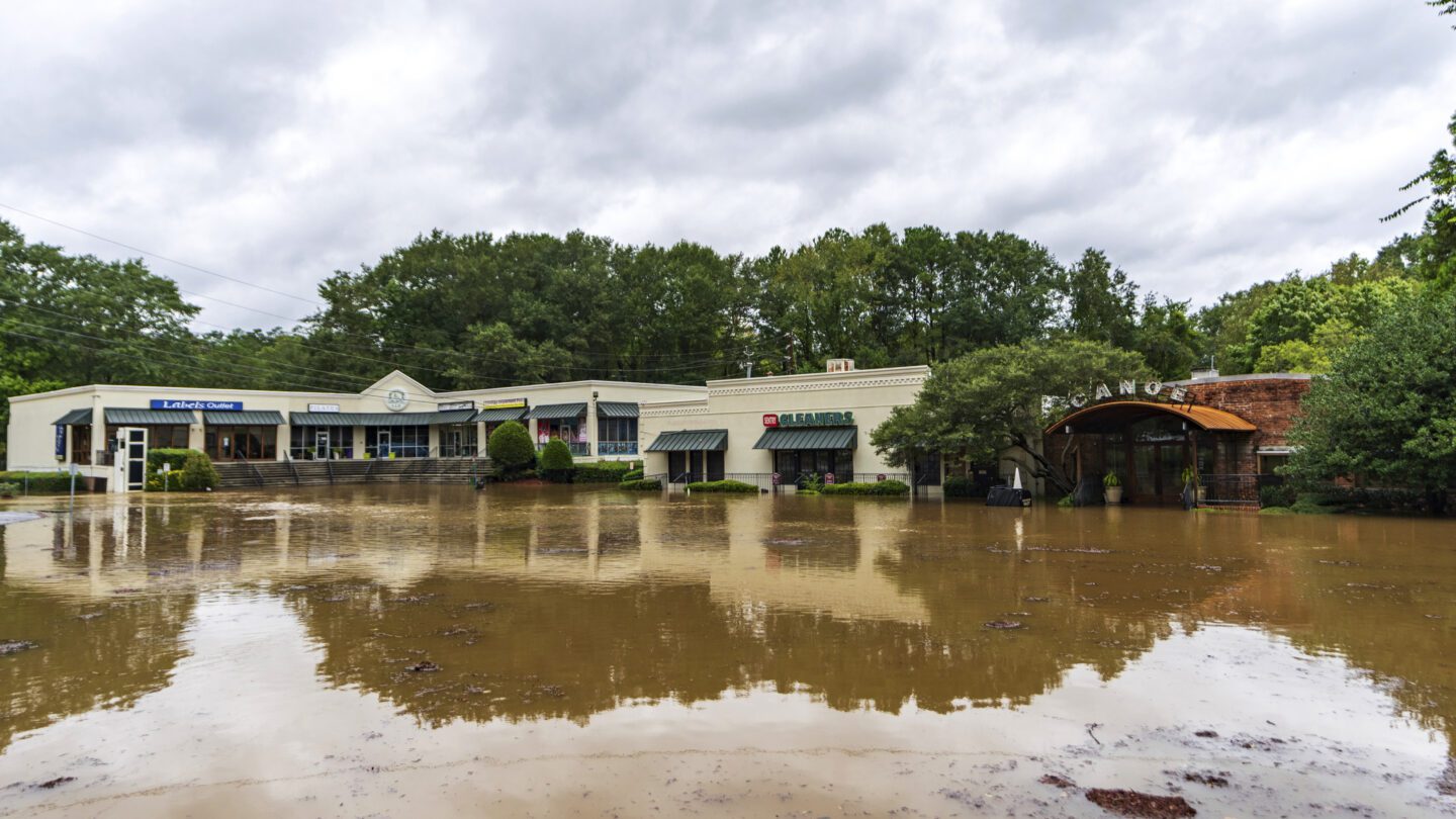 Canoe, a restaurant, and a shopping center is surrounded by brown water.