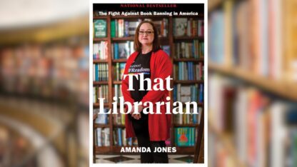 A book cover showing Amanda Jones, a librarian, against a bookshelf. The book is titled That Librarian.