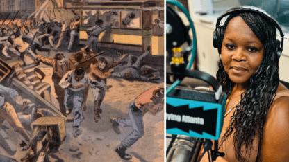 A depiction of the Atlanta Race Massacre on the left, and a picture of Ann Hill Bond at the WABE studio on the right.