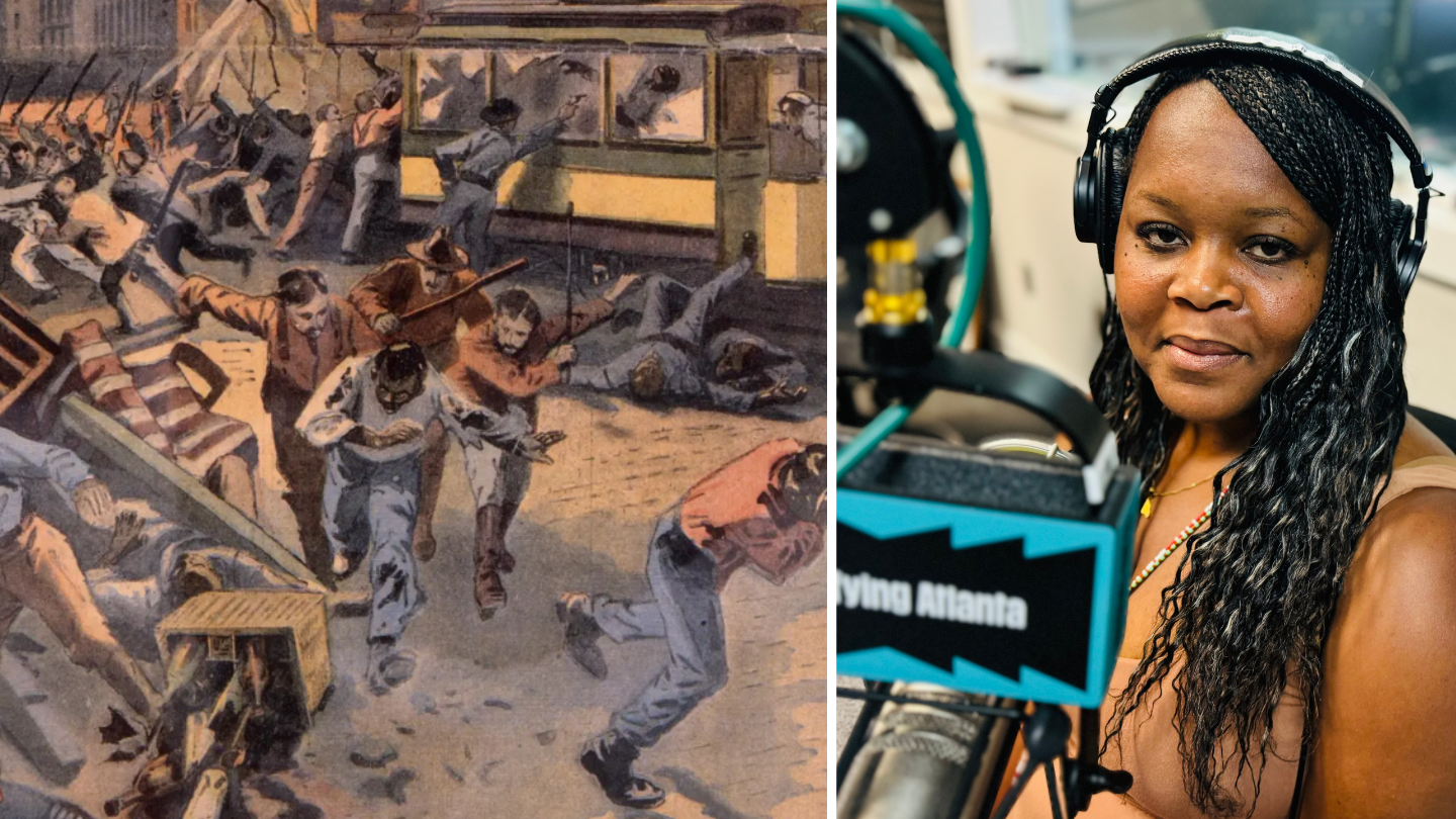 A depiction of the Atlanta Race Massacre on the left, and a picture of Ann Hill Bond at the WABE studio on the right.