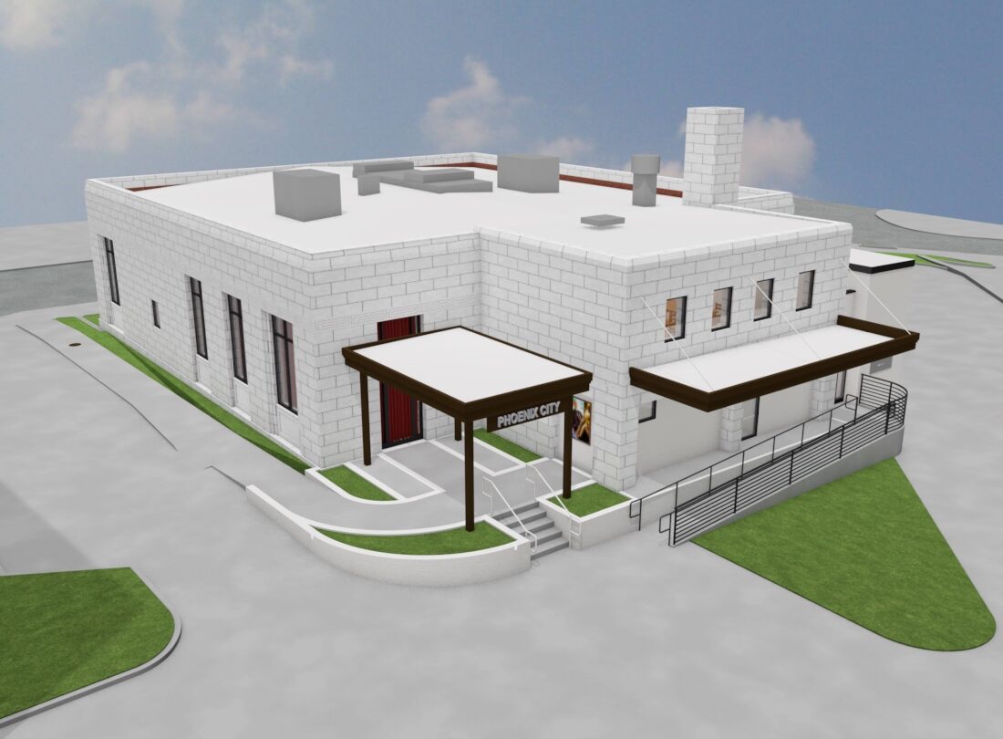 A rendering of a white building