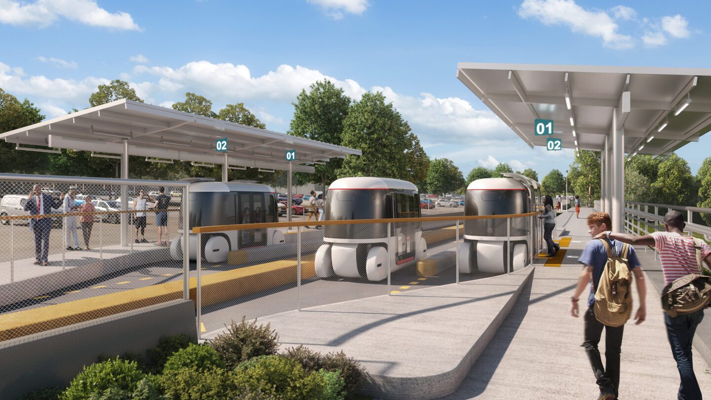 A rendering of the personal rapid transit pods planned for areas south of metro Atlanta