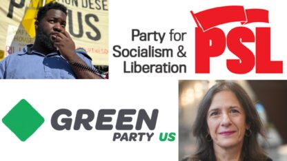 Gerald Green II of the Party for Socialism and Liberation, top left, and Gloria Mattera, the media committee coordinator for the Green Party, bottom right, next to their respective party logos.