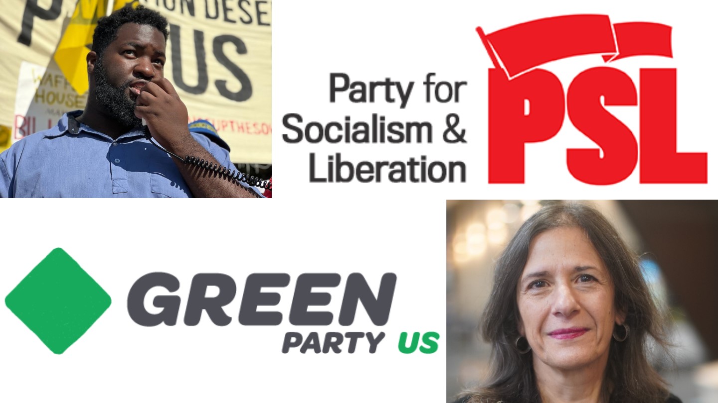 Gerald Green II of the Party for Socialism and Liberation, top left, and Gloria Mattera, the media committee coordinator for the Green Party, bottom right, next to their respective party logos.