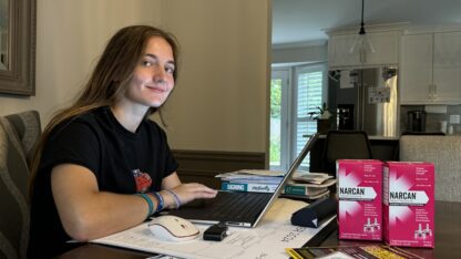 Mady Cohen sits in her parents home to work on getting Narcan in every classroom at her school.