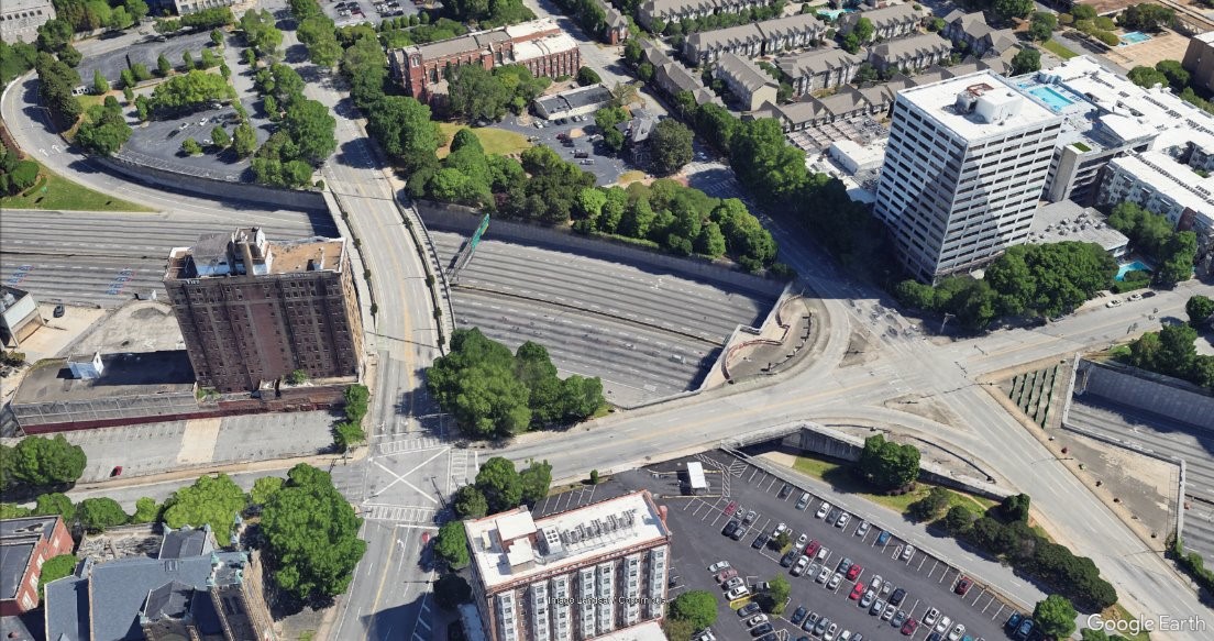 An overhead view of the Downtown connector and bridges crossing over it, showing where phase one of the Stitch is planned.