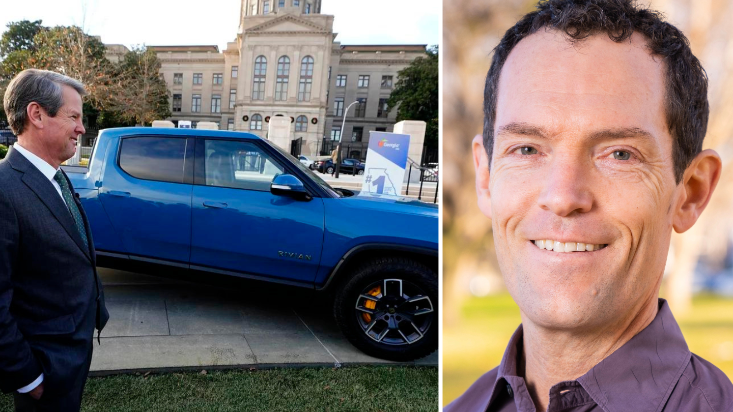 Portrait of Politico reporter David Ferris on the right, photo of electric vehicle on the left.