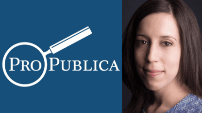 A logo of ProPublica next to a portrait of Kavitha Surana.