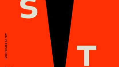 Orange poster for SITE that has a long black triangle with an eye at the end, with the letters S T and E around it.