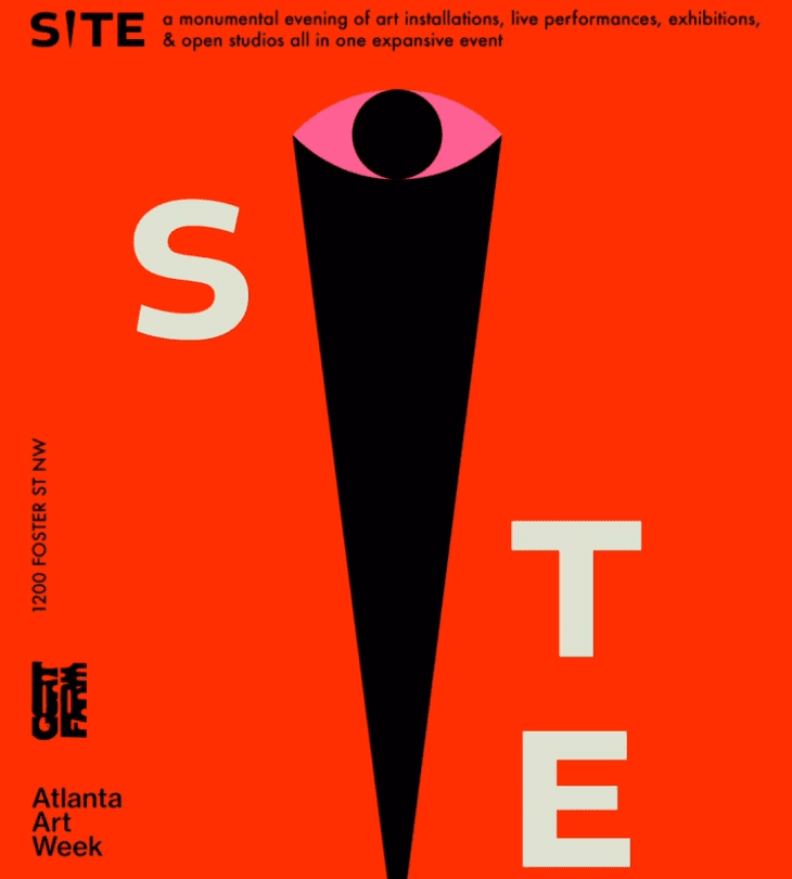 Orange poster for SITE that has a long black triangle with an eye at the end, with the letters S T and E around it.