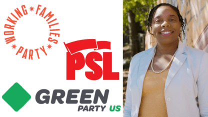 The logos of the Working Families Party, the Party for Socialism and Liberation, and the Green Party, next to a portrait of professor Tammy Greer.