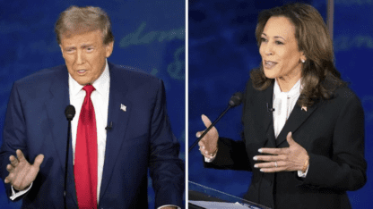 This combination photo shows Republican presidential nominee former president Donald Trump, left, and Democrat presidential nominee Kamala Harris, right, during an ABC News presidential debate at the National Constitution Center on Tuesday, Sept.10, 2024.