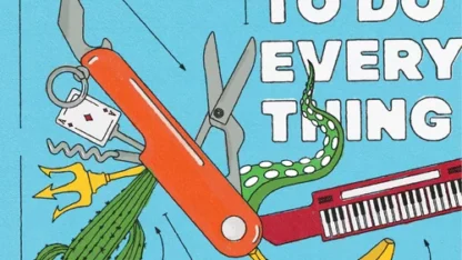 The graphic for the podcast How to Do Everything, which is a Swiss army knife with many different objects, such a cactus and a keyboard.