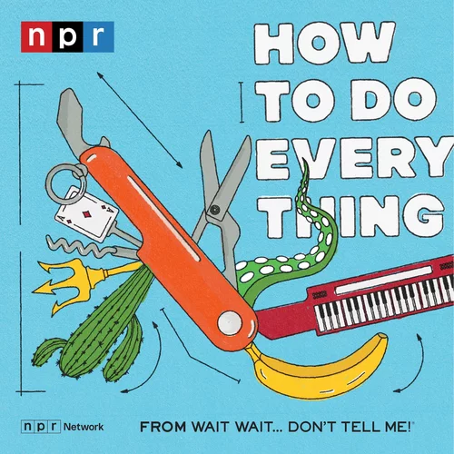 The graphic for the podcast How to Do Everything, which is a Swiss army knife with many different objects, such a cactus and a keyboard.