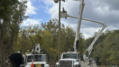 Several vehicles with long cranes are next to a site where there has been significant storm damage to trees.