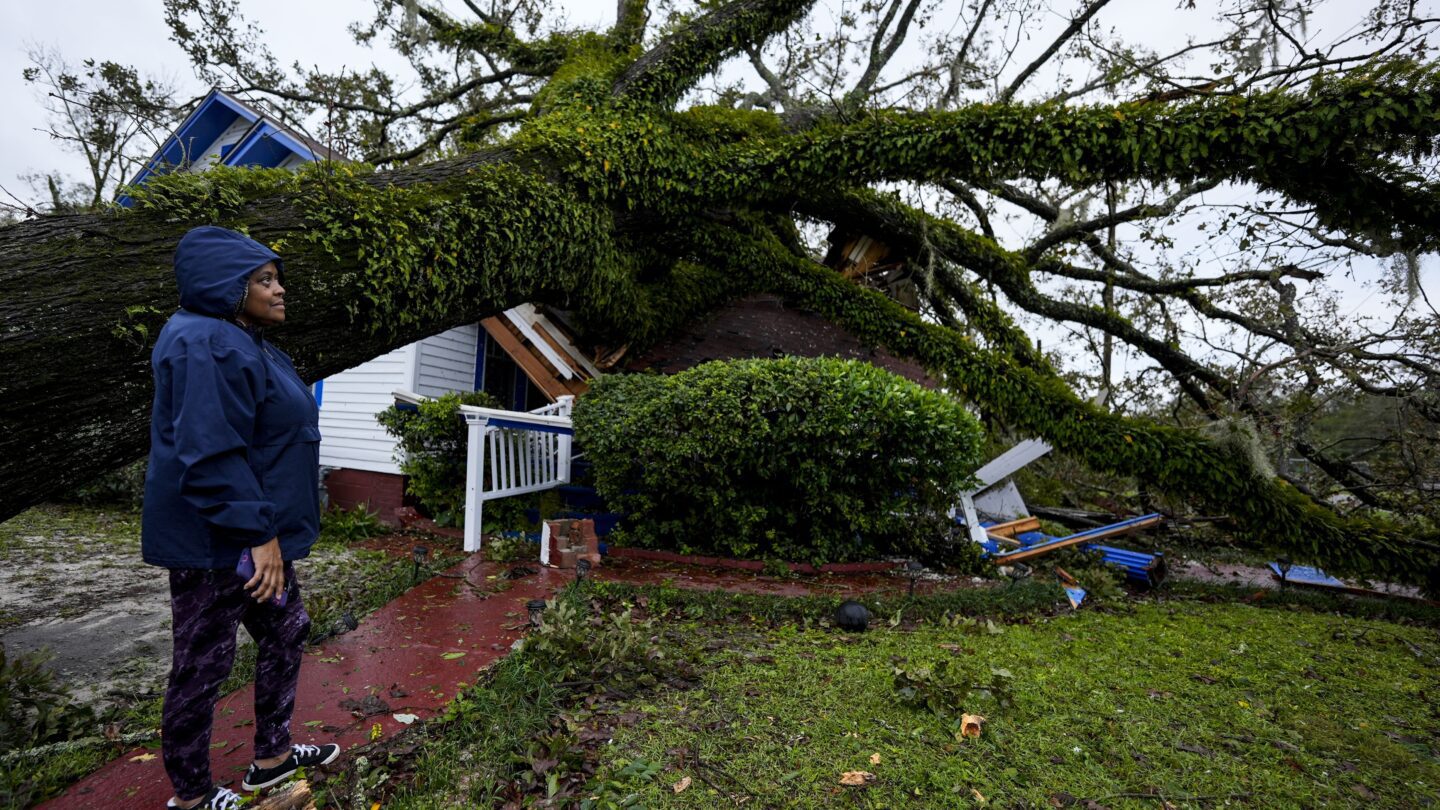 A woman stands to the left and looks at a giant oak tree that landed on her 100-year-old home in Valdosta, Georgia.